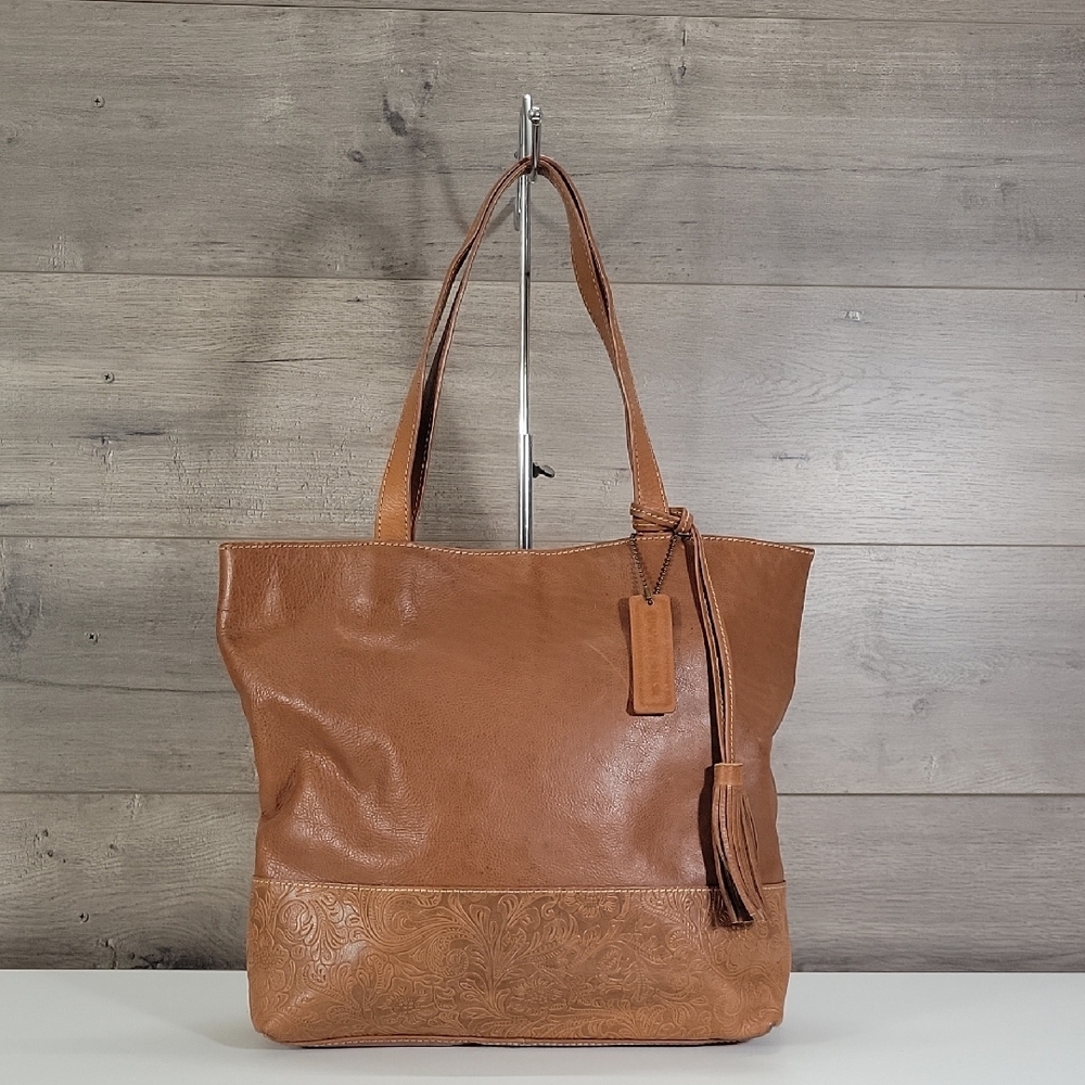 G. H. Bass & Co. Cognac Brown Tooled Leather Tote Bag